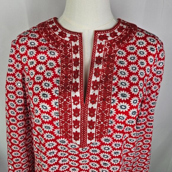 Tory Burch Red Jayne Mod Flower-Print Sequin Lace Tunic Size 8 Boho - Picture 3 of 11